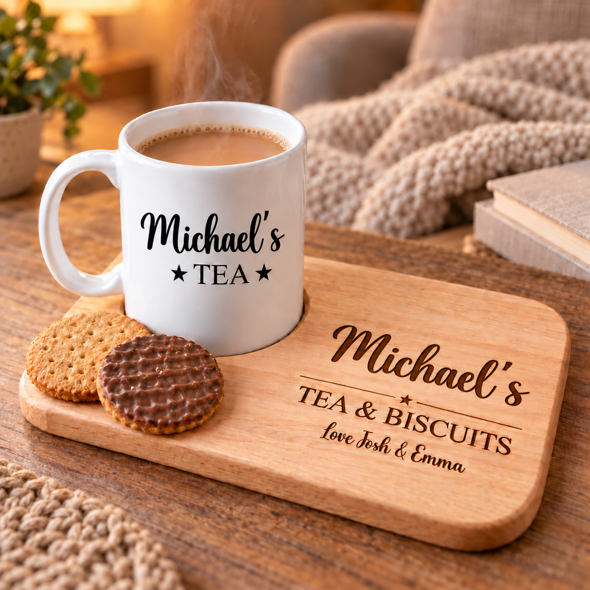 Men’s Personalised Tea & Biscuits Board with Optional Matching Mug