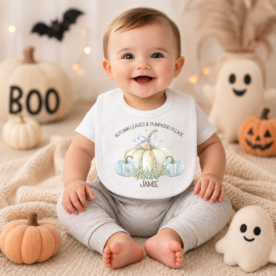 Autumn Leaves & Pumpkins Personalised Baby Bib - Blue