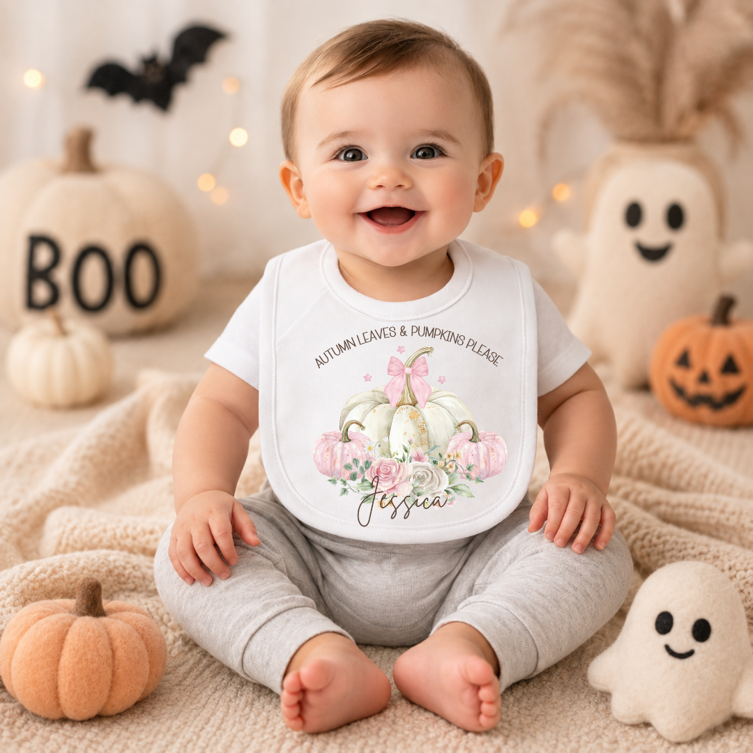 Autumn Leaves & Pumpkins Personalised Baby Bib - Pink