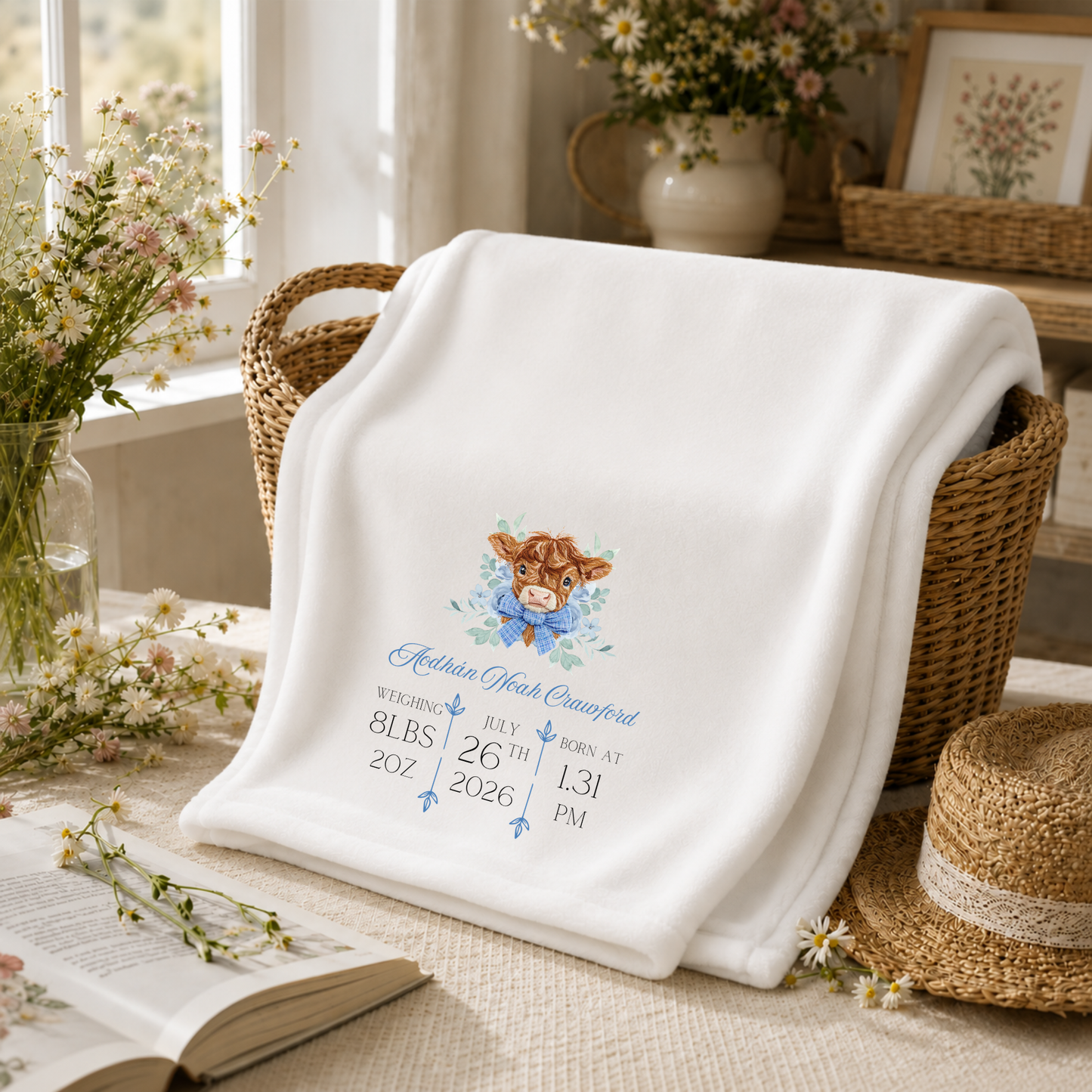 Personalised Highland Cow Baby Birth Blanket - Blue