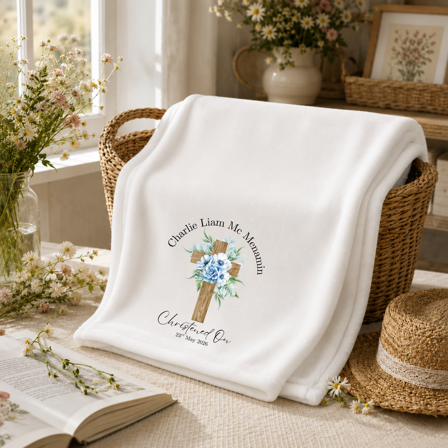 Personalised Christening Blanket - Blue Flower Cross