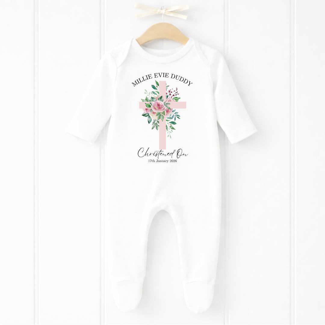 Christening Romper - Pink Flower Cross