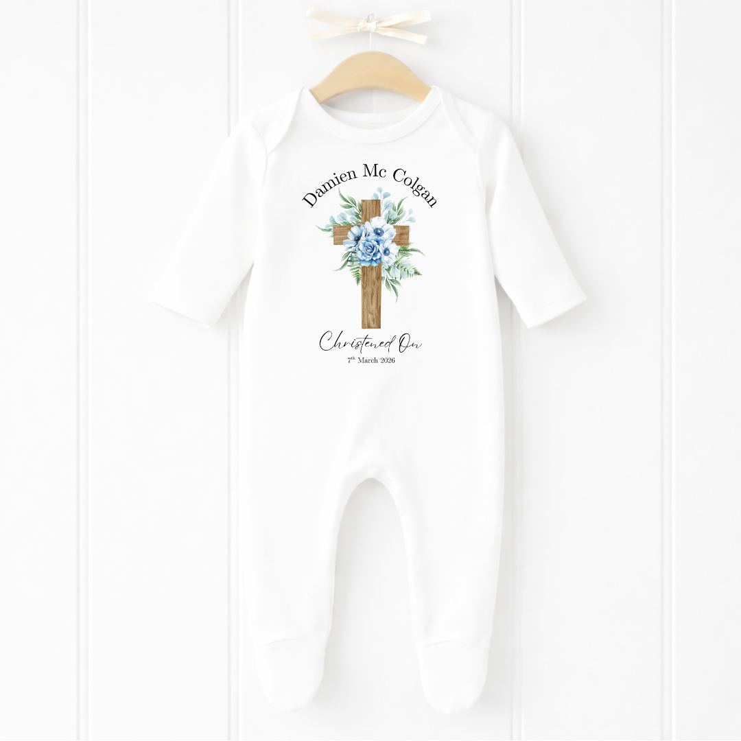 Christening Romper - Blue Flower Cross