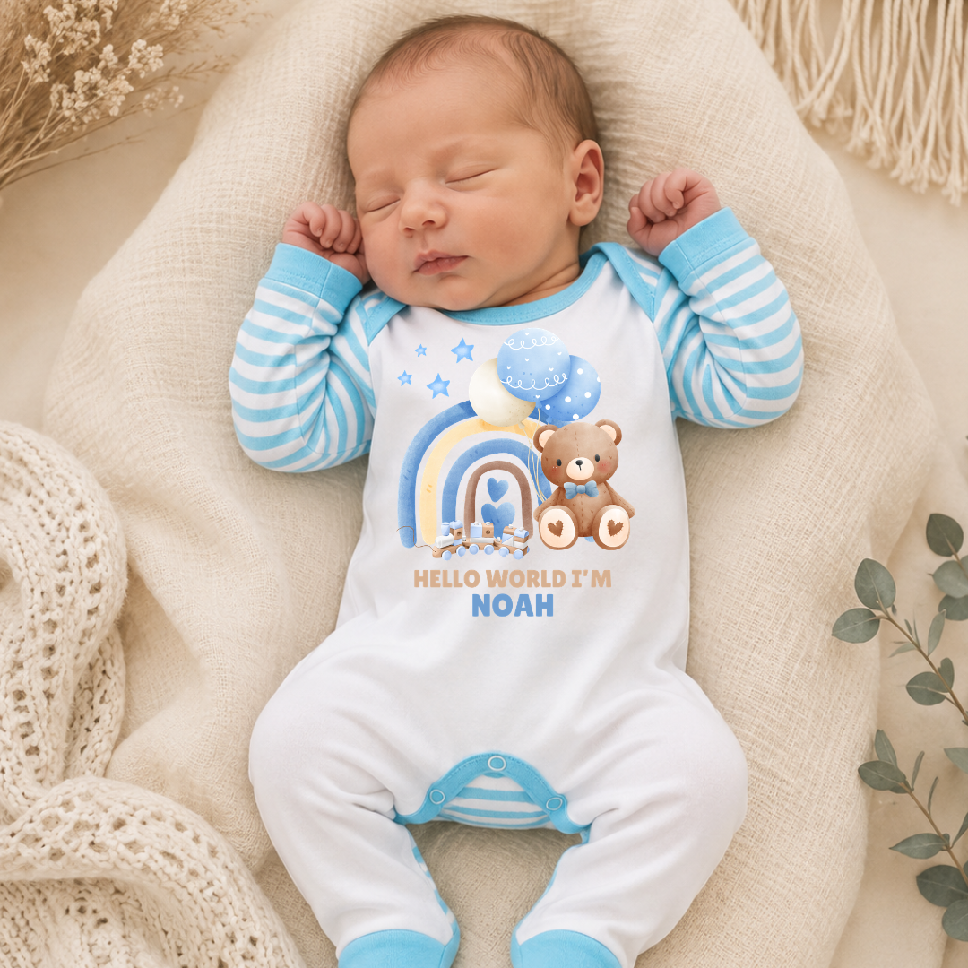 Hello World Personalised Baby Romper - Blue