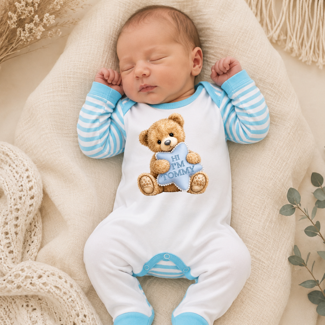 Personalised New Baby Teddy Baby Romper - Blue