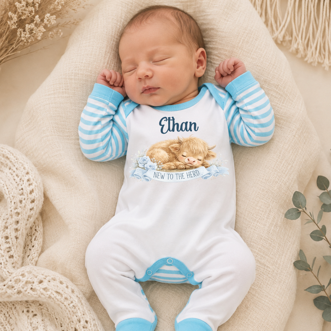 New to the Herd Personalised Highland Cow Baby Romper-Blue