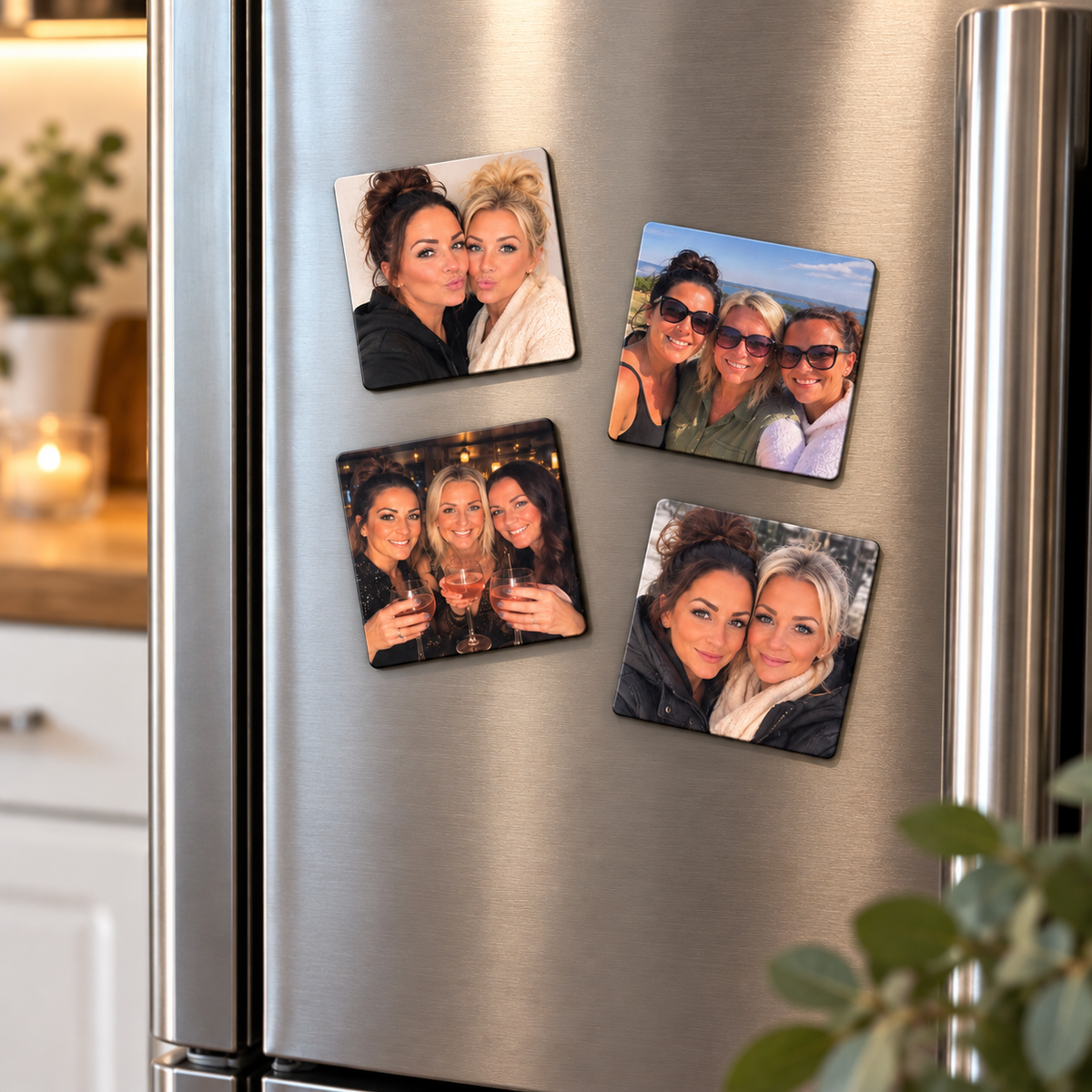 Personalised Photo Fridge Magnets – Set of 4 with Velvet Gift Pouch