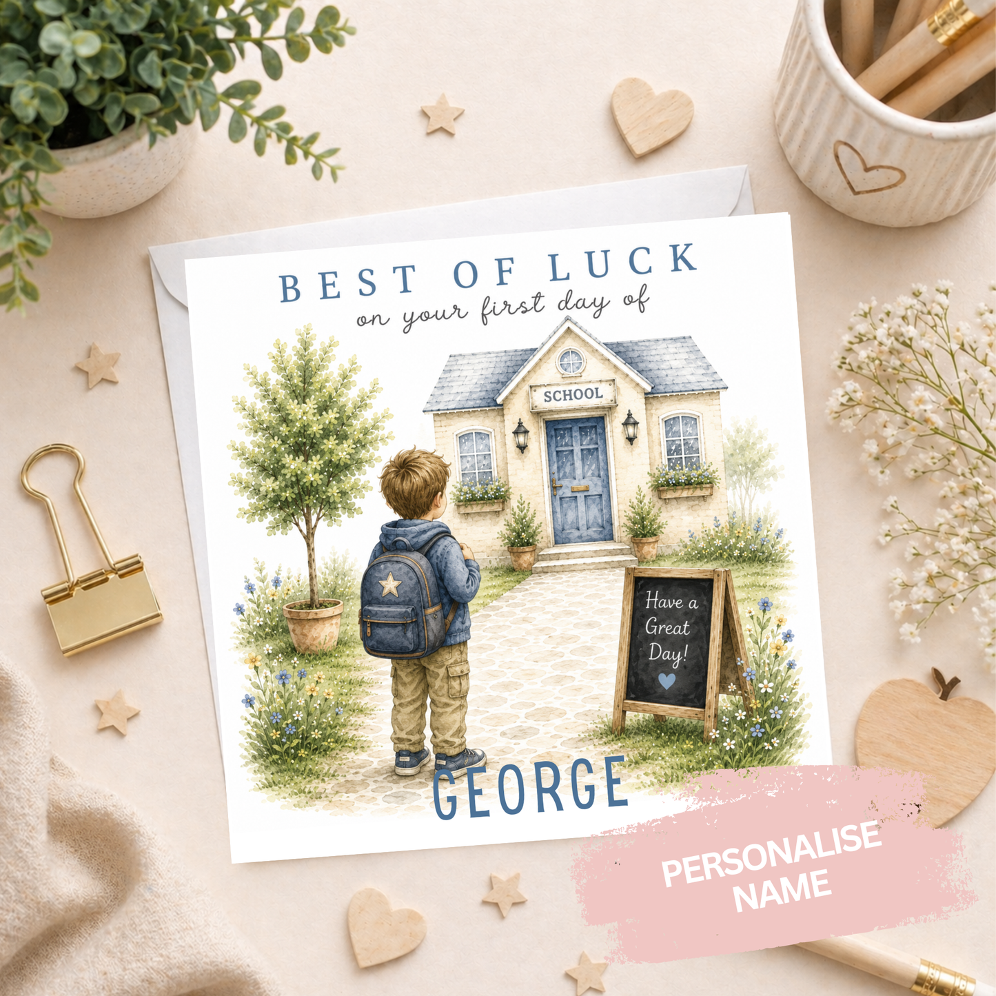 Personalised First Day at School Card - School House Blue