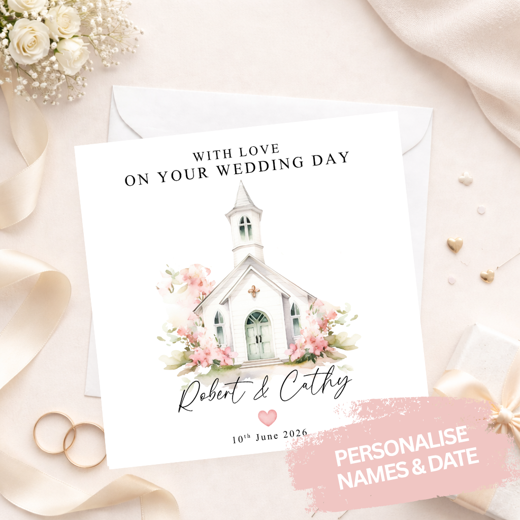 Water Colour Chapel Personalised Wedding Card