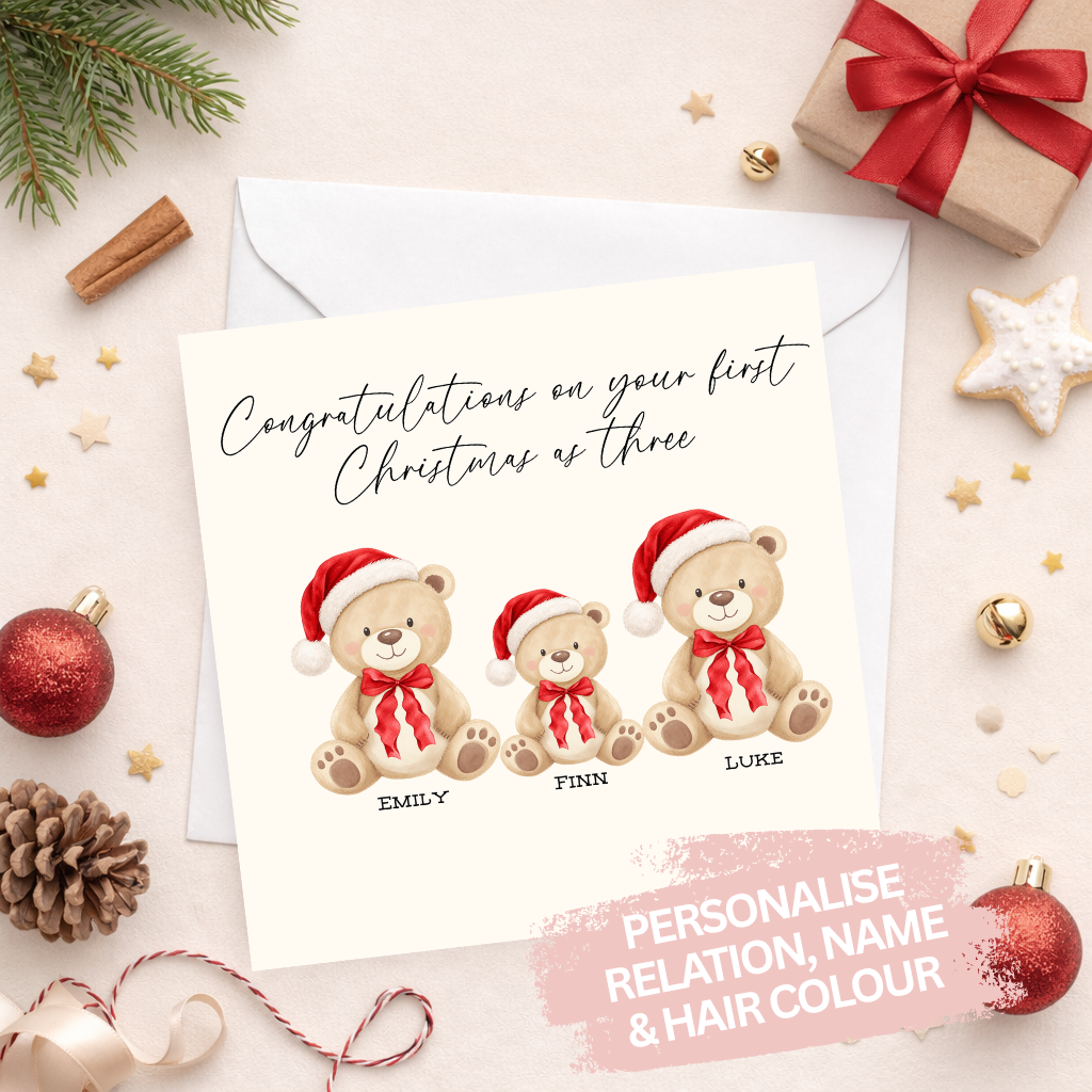Personalised First Christmas as Three Card | New Baby Christmas Card | Custom Family Teddy Bear Card