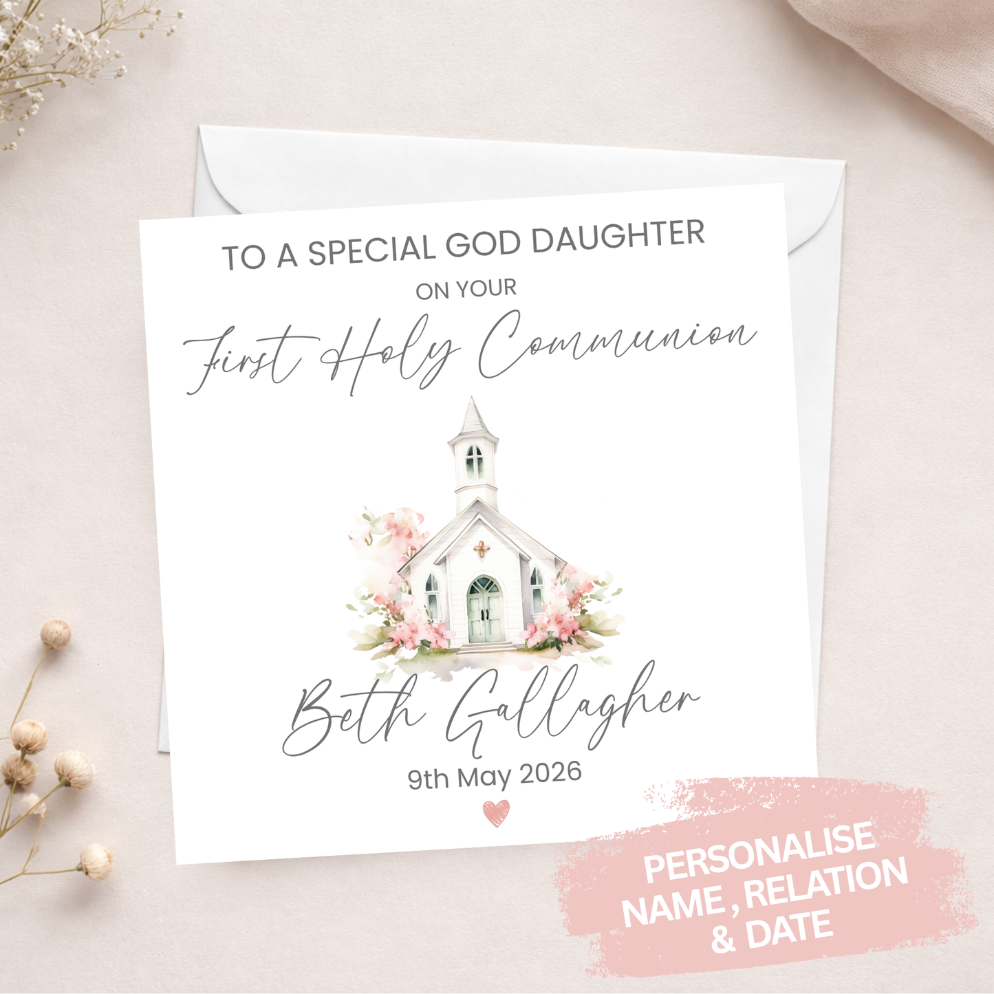 Pink Chapel Personalised Communion Card