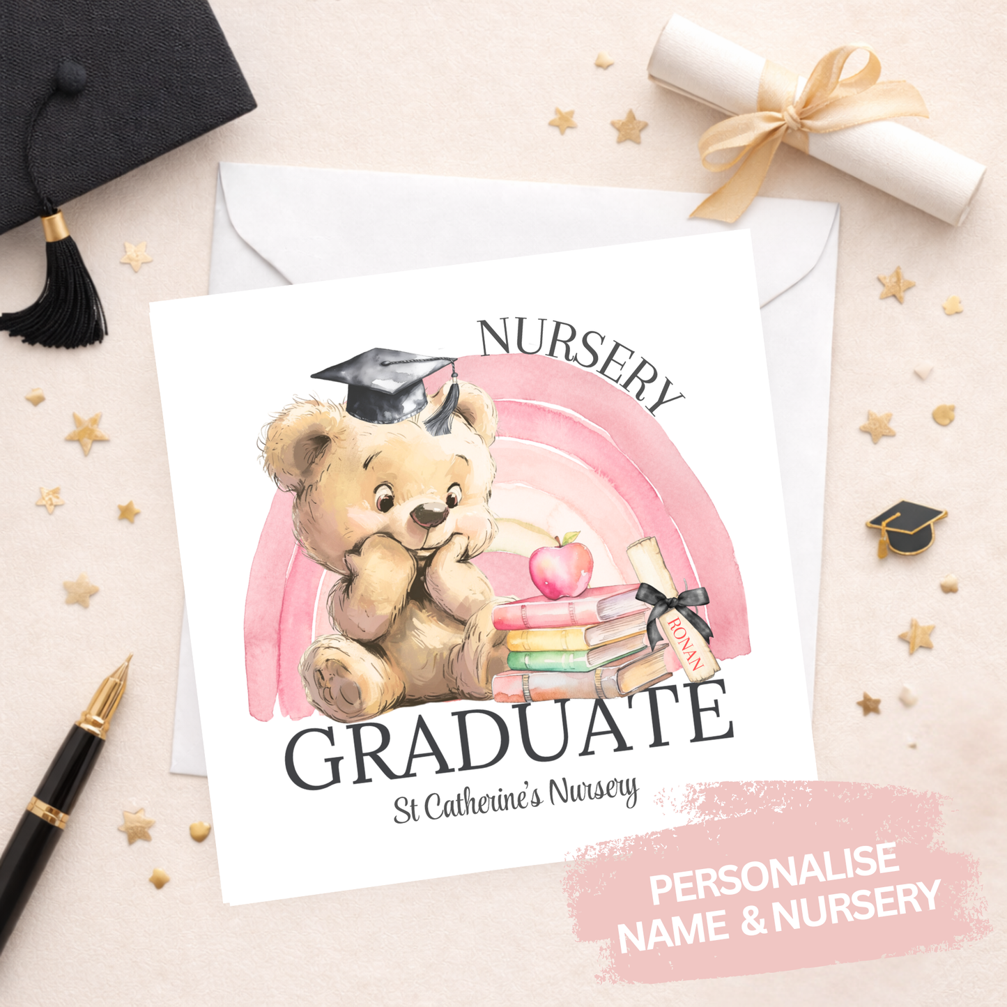 Bear and Rainbow Nursery Graduation Card - Pink