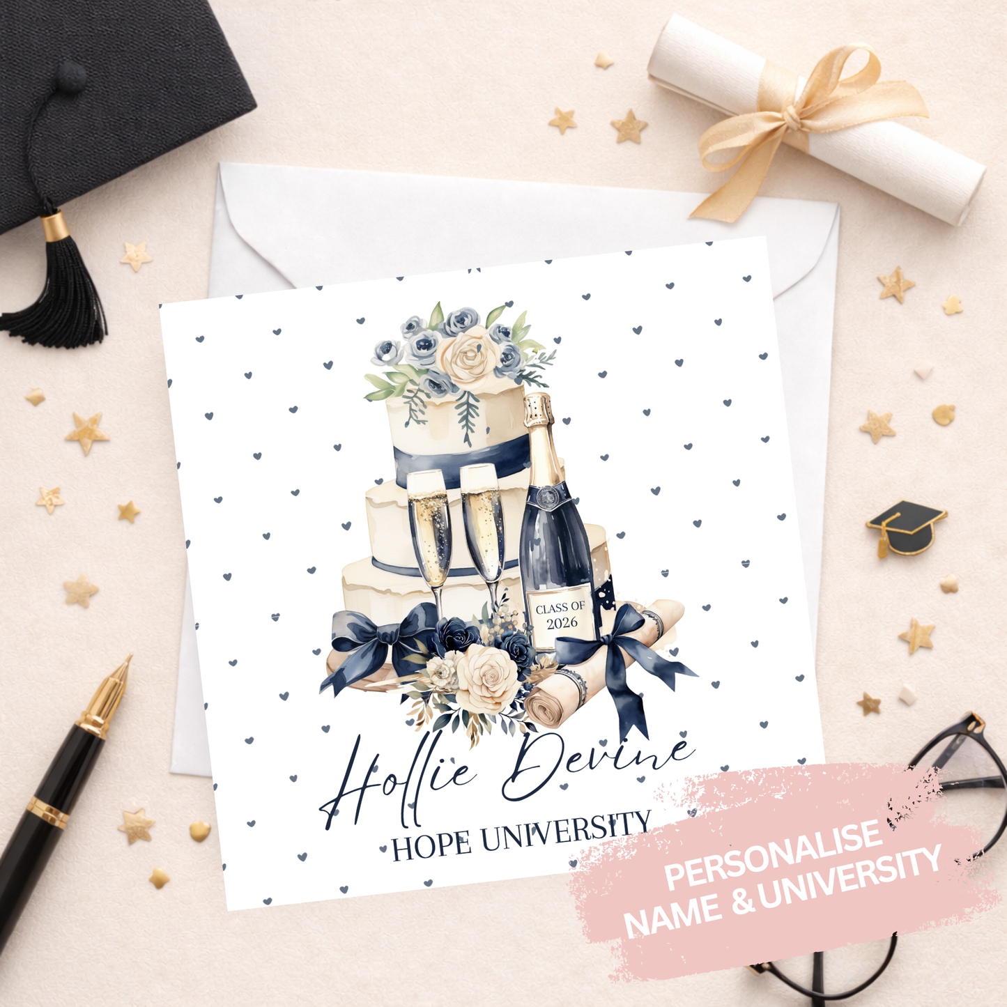 Champagne & Cake Personalised Graduation Card