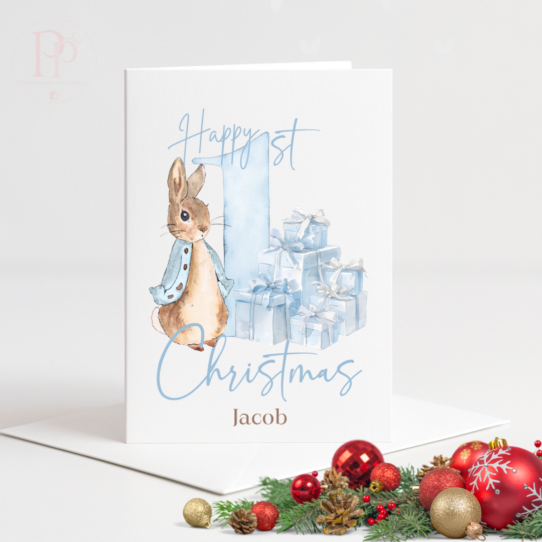 First Christmas Greetings Card - Little Bunnies