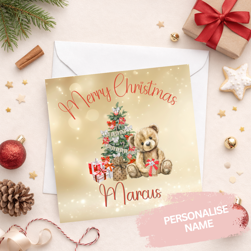 Personalised Teddy Bear Christmas Card with Name