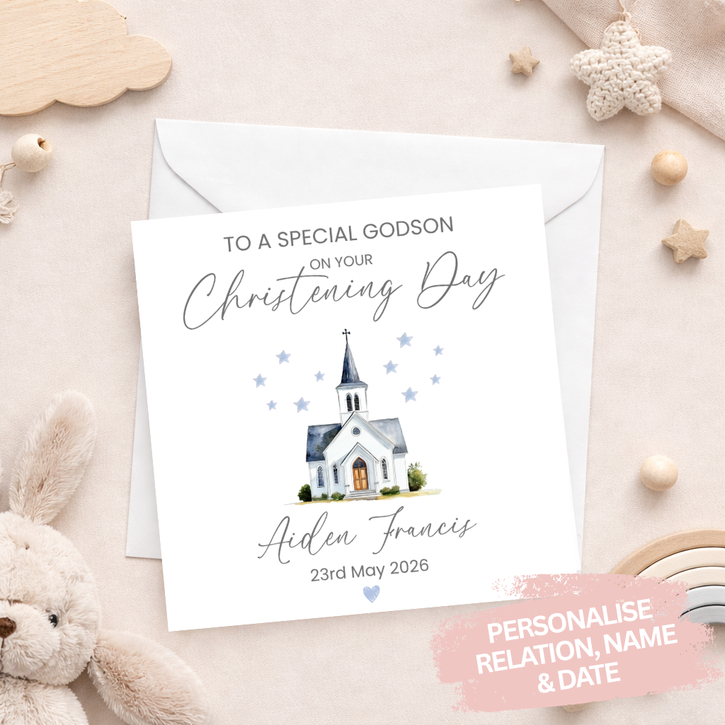 Little Chapel Personalised Christening Card - Blue