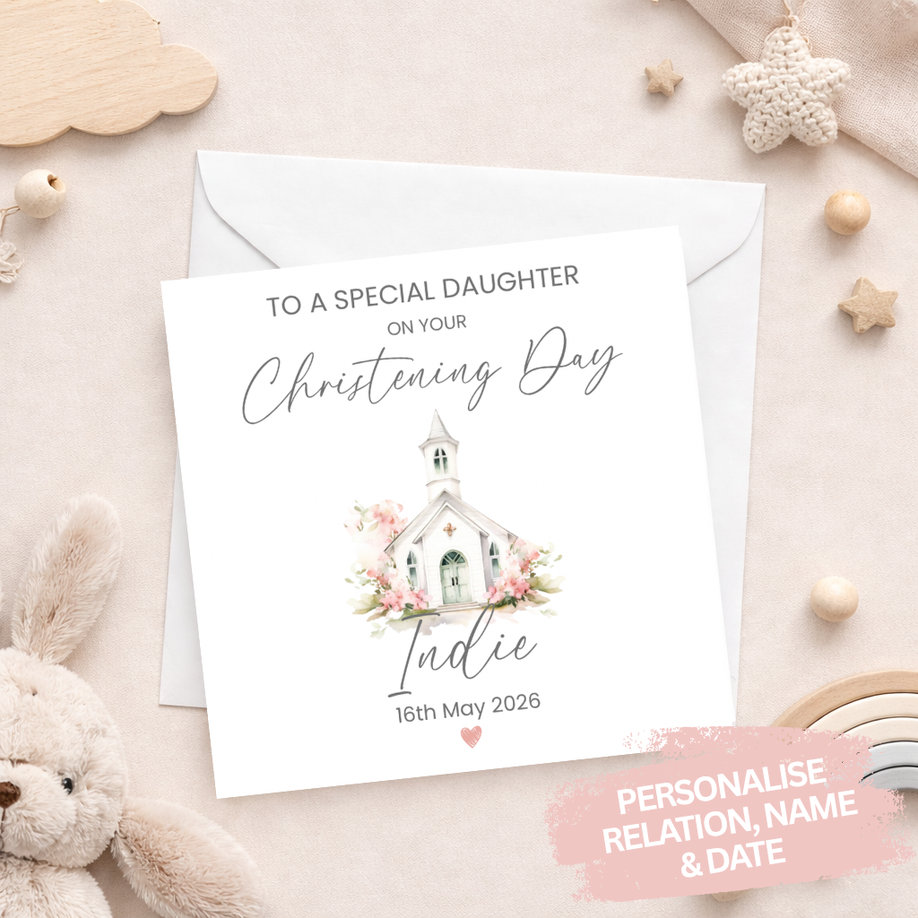 Little Chapel Personalised Christening Card - Pink