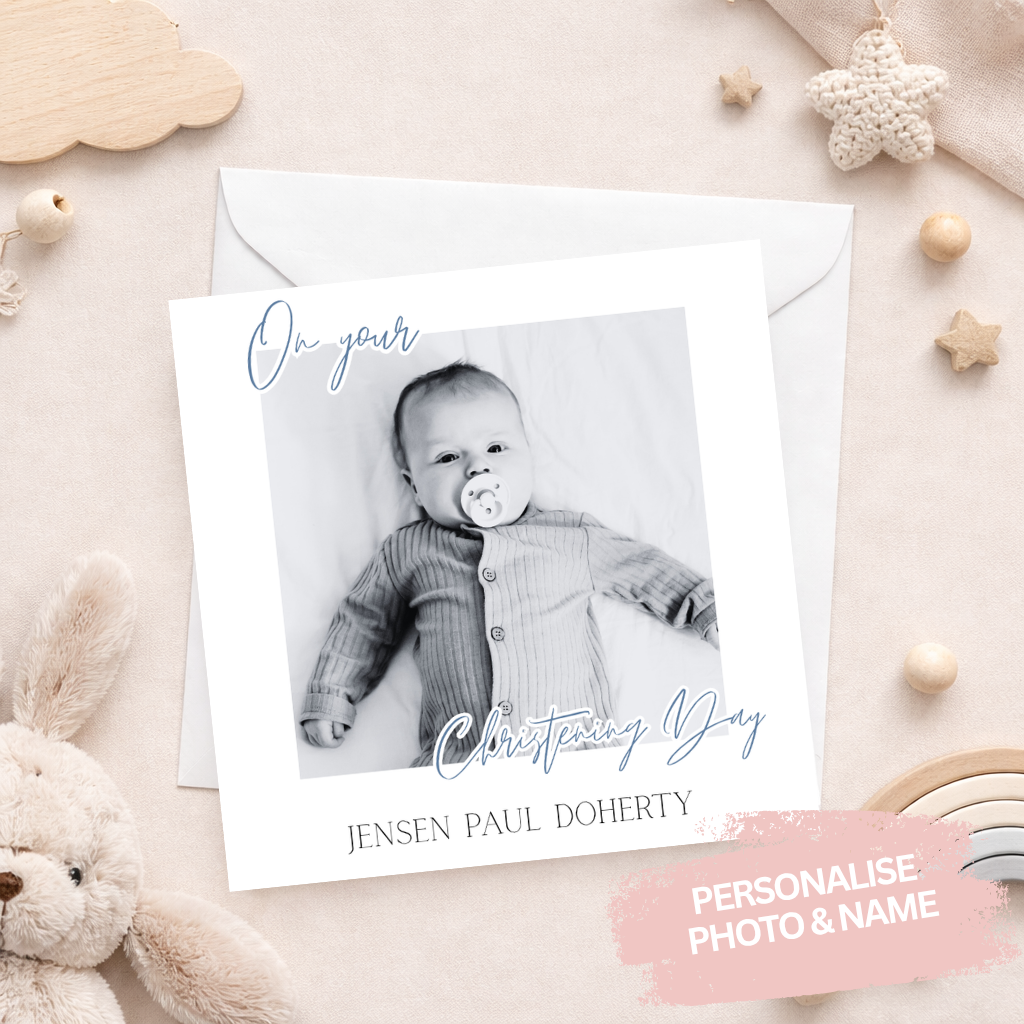 Personalised Photo Christening Card - Blue