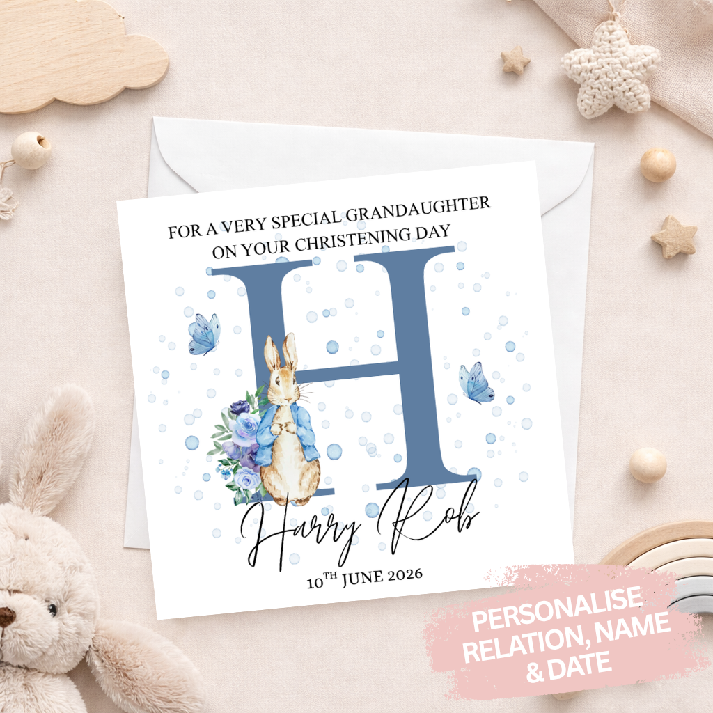 Personalised Initial Bunny Christening Card - Blue