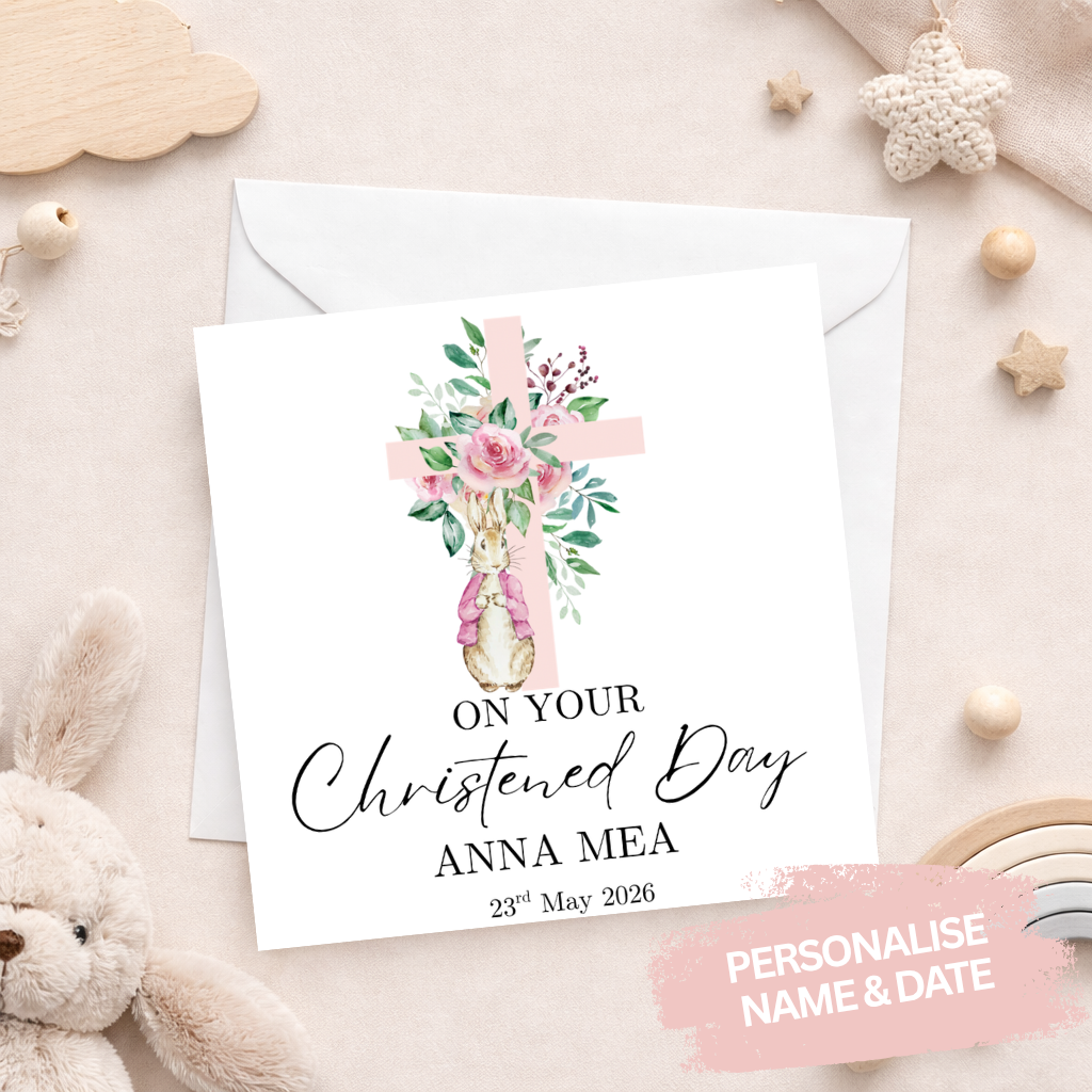 Elegant Bunny & Cross Christening Card - Pink