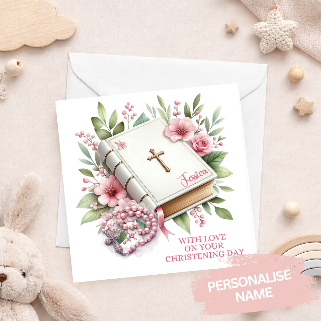 Personalised Bible Christening Card - Pink