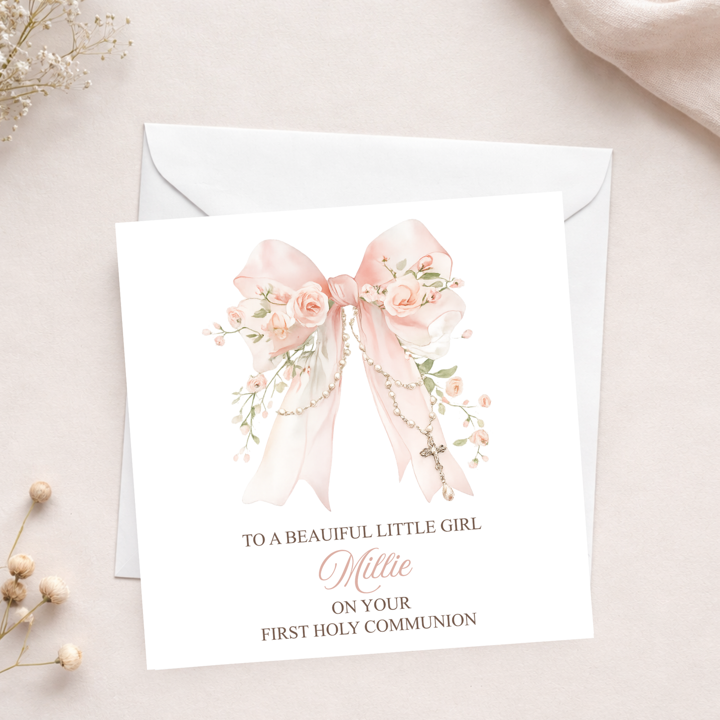Pink Bow Personalised Communion Card