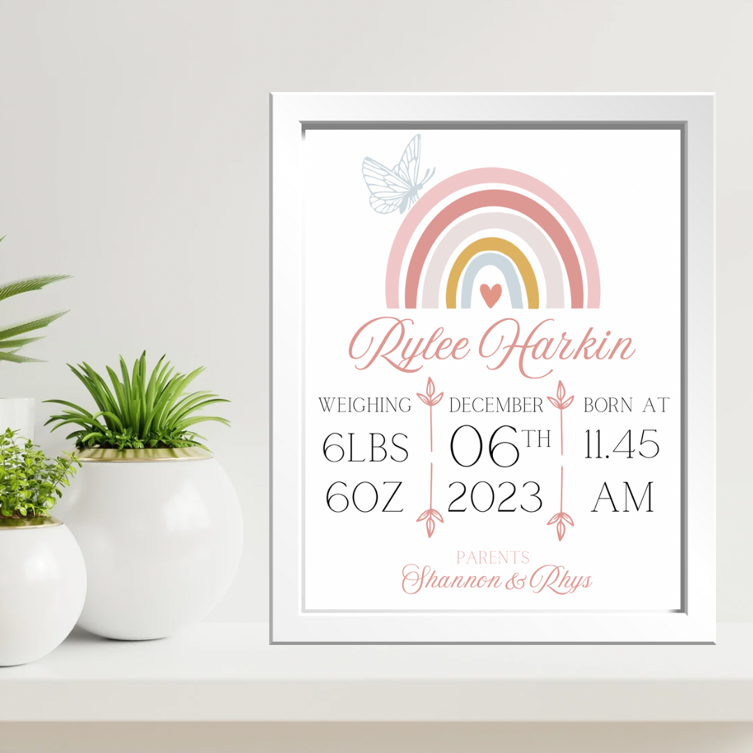 Personalised Rainbow Birth Print - Pink