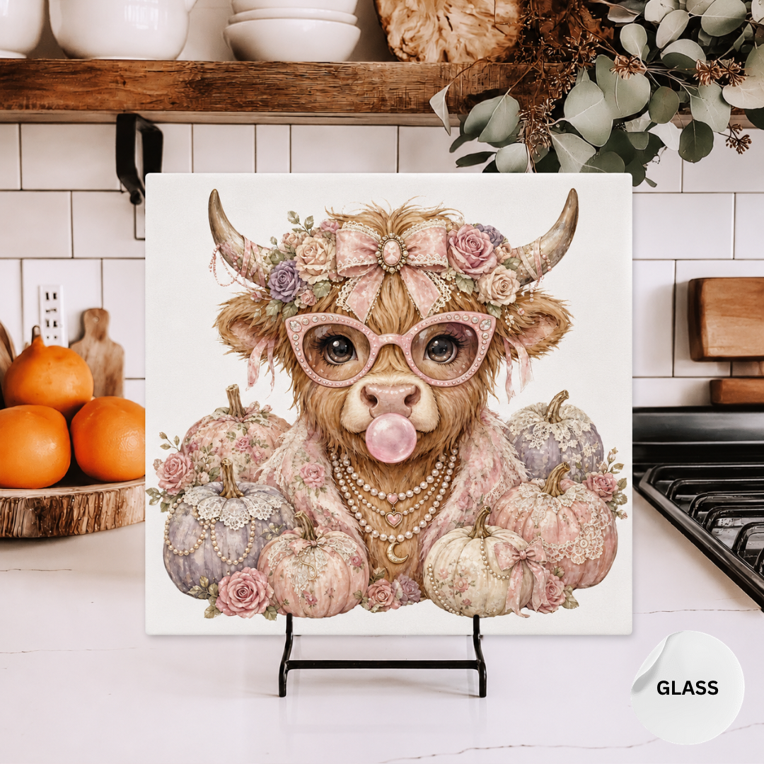 Autumn Highland Cow Glass Chopping Board
