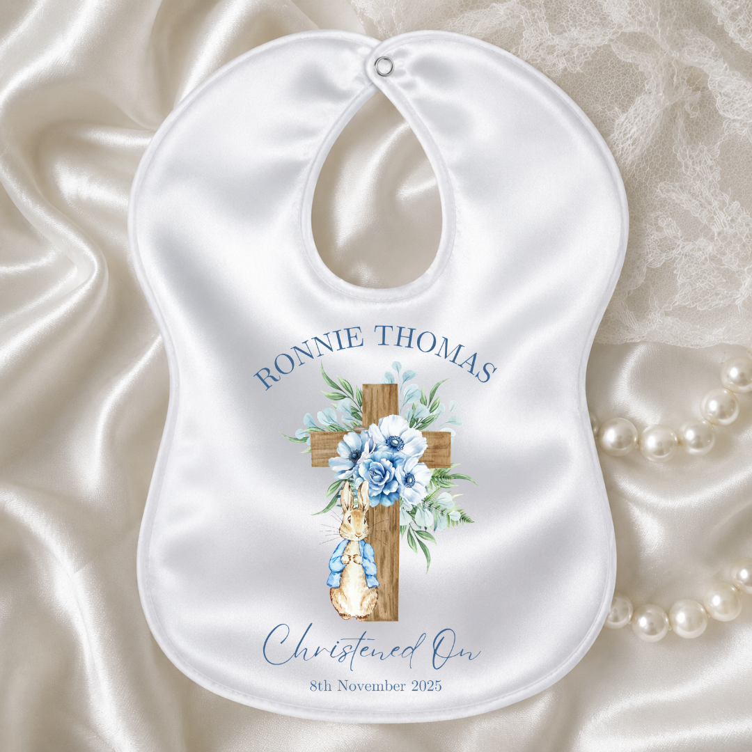 Personalised Christening/Baptism Bib - Little Rabbit Blue