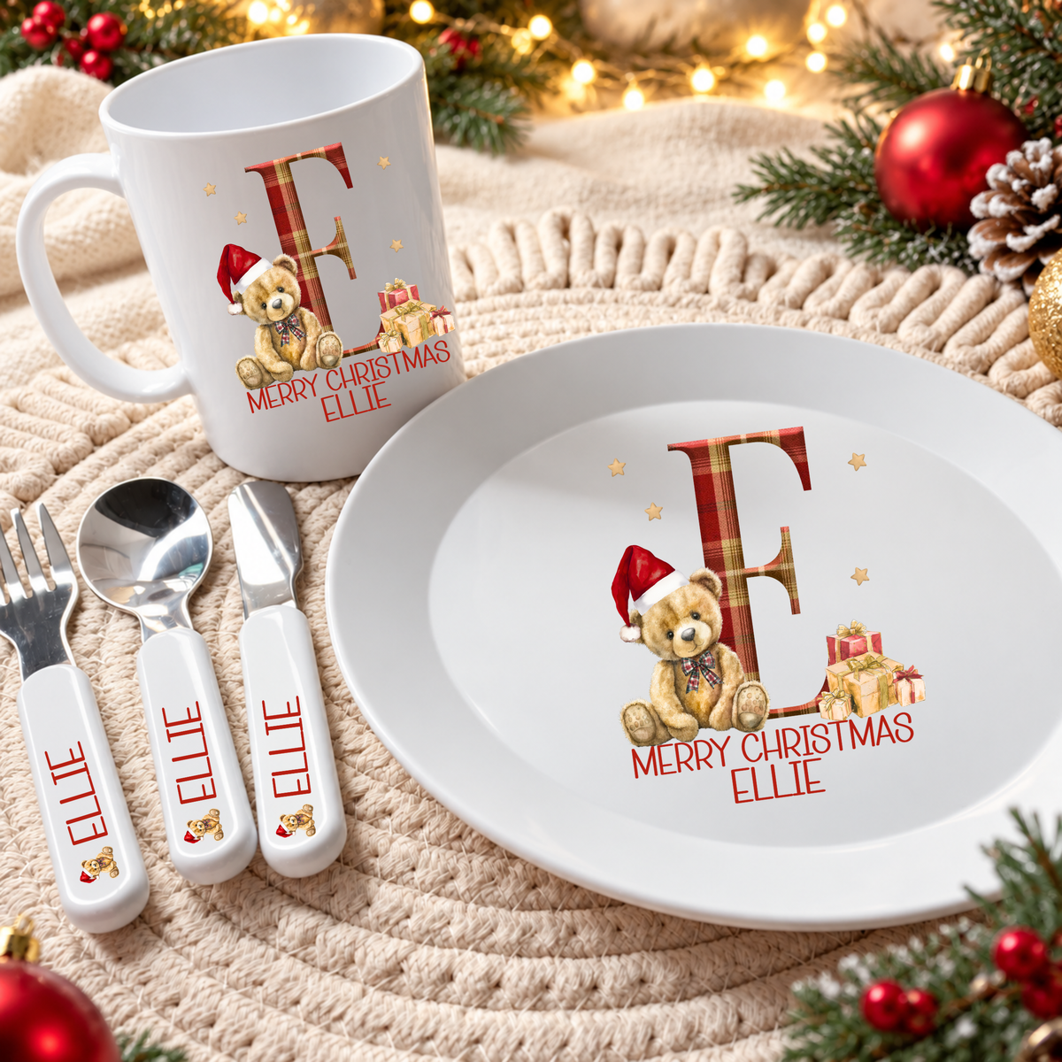 Personalised Christmas Tartan Letter Dinner Set
