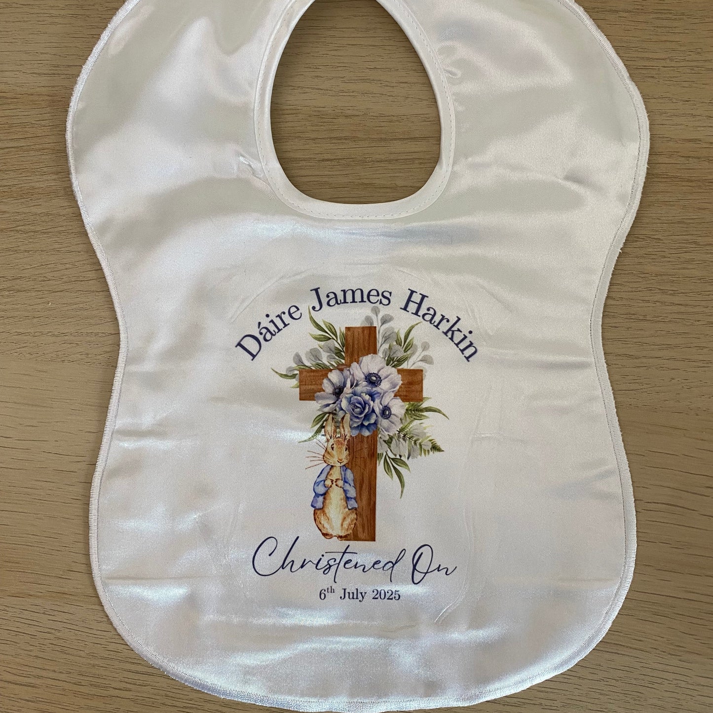 Personalised Christening/Baptism Bib - Little Rabbit Blue