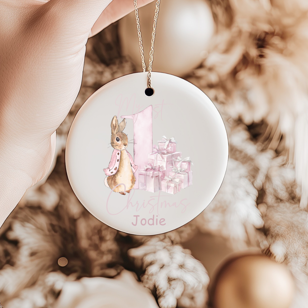 First Christmas Ceramic Bauble - Pink Bunny
