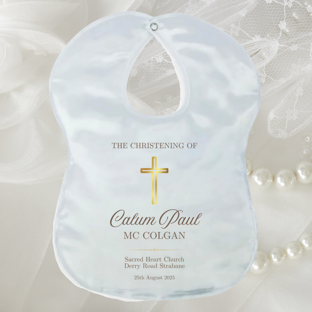 Personalised Christening/Baptism Bib - Gold Cross
