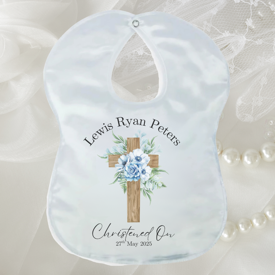 Personalised Christening/Baptism Bib - Blue Flower Cross