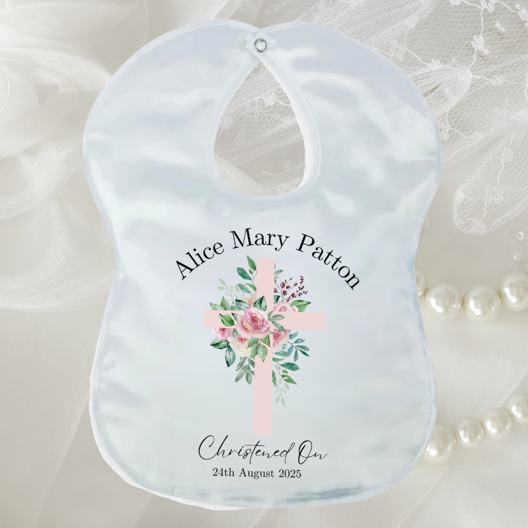 Personalised Christening/Baptism Bib - Pink Flower Cross