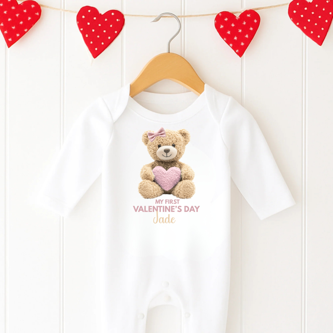Personalised Valentine’s Baby Romper – My First Valentine - Pink TEDDY
