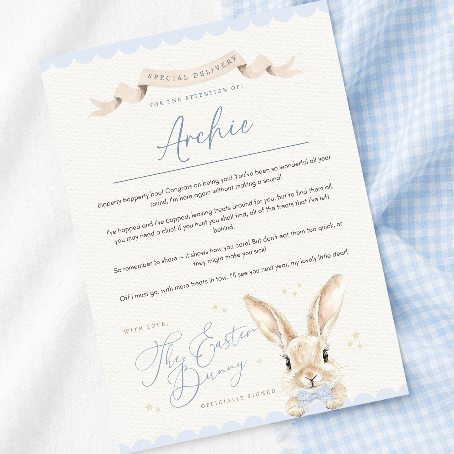 Easter A4 Certificate Gingham Bunny - Blue