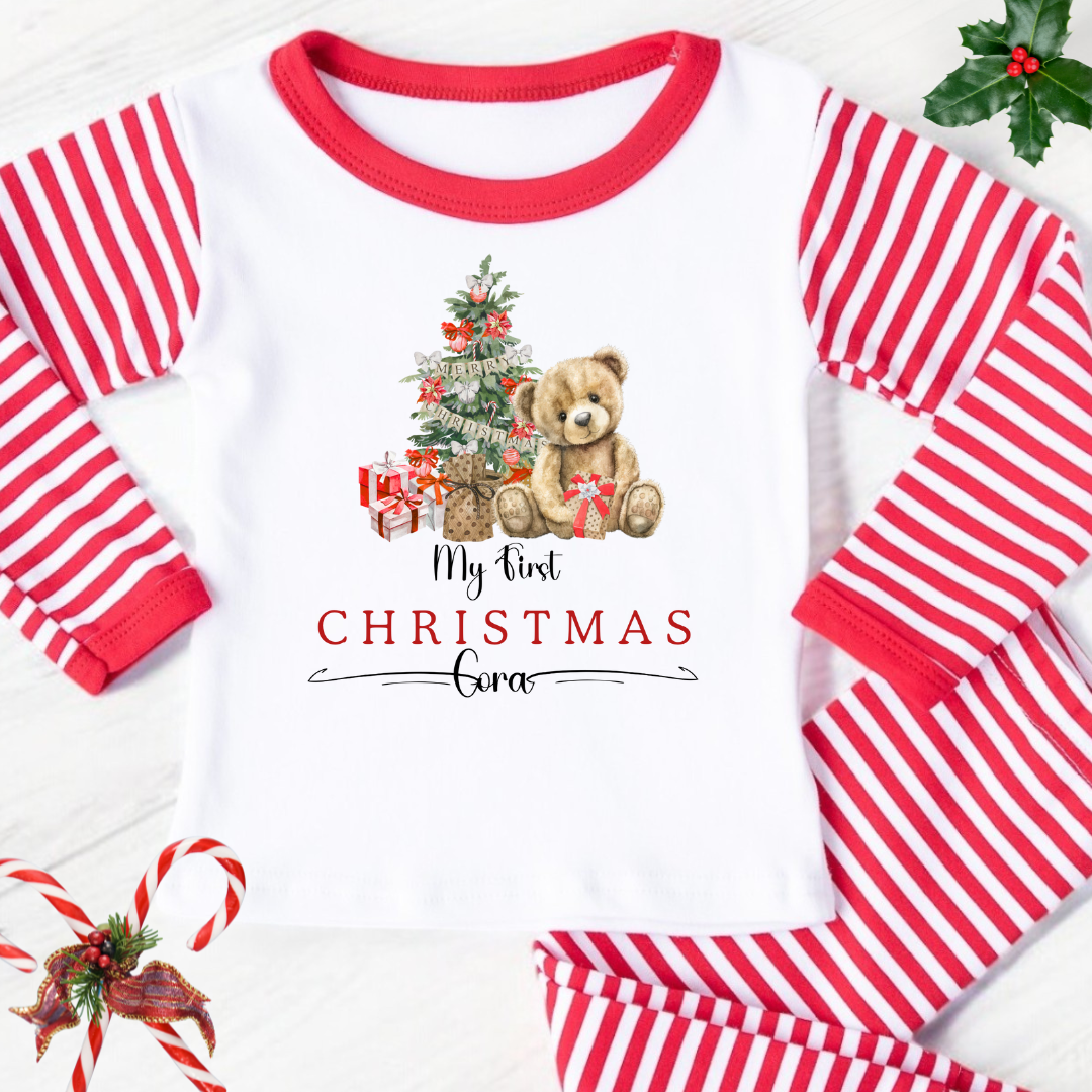 Personalised “My First Christmas” Pyjamas – Red Teddy Design