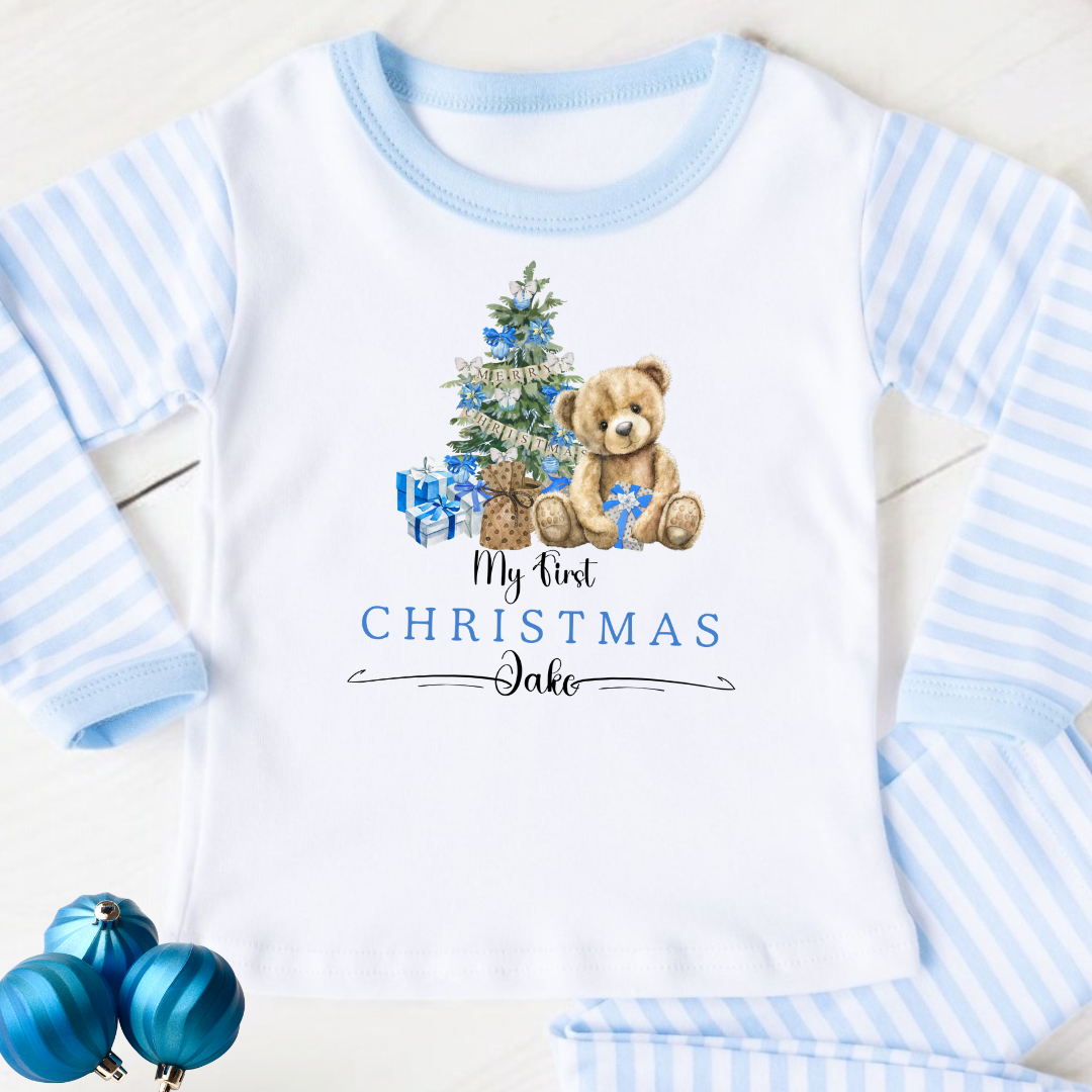 Personalised “My First Christmas” Pyjamas – Blue Teddy Design