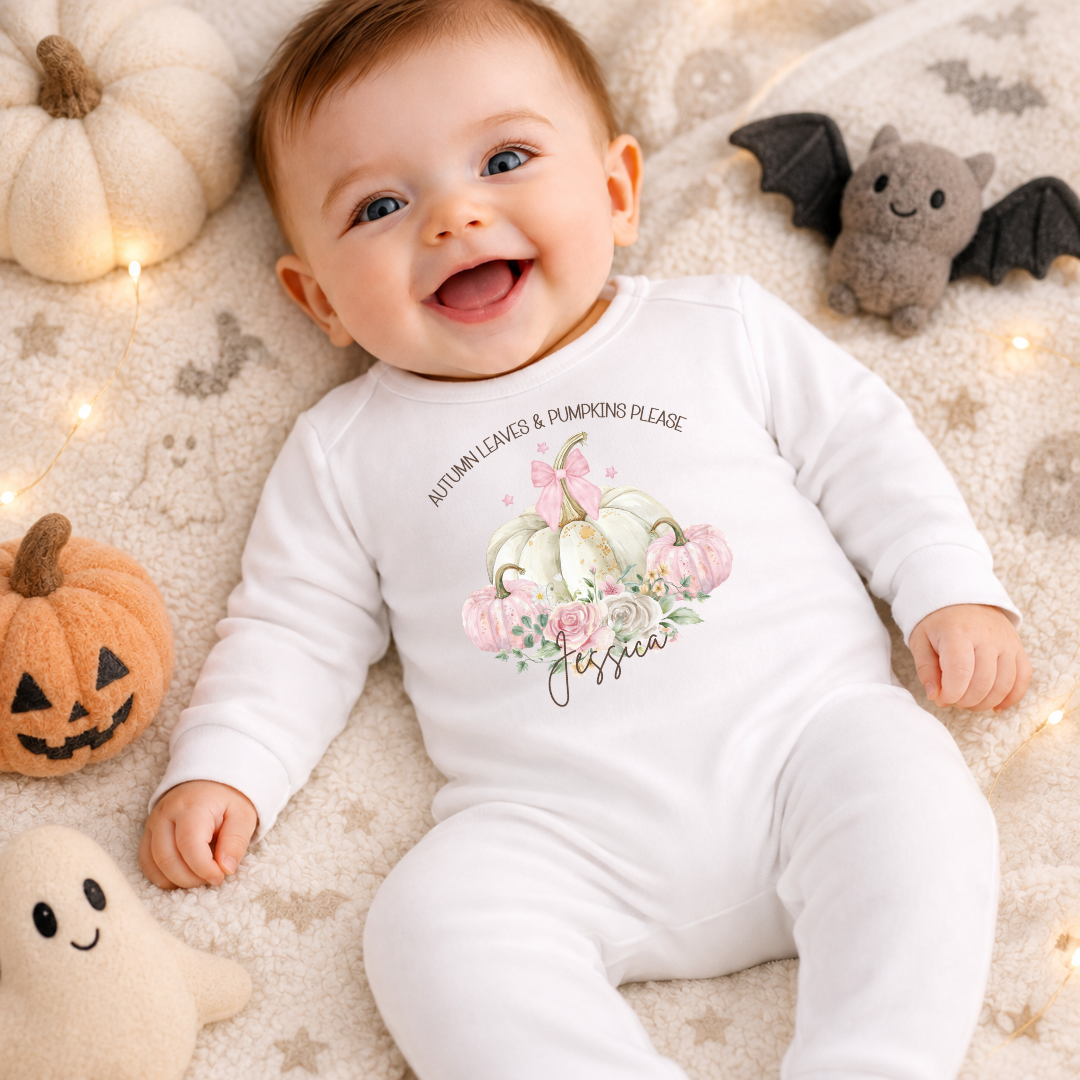 Autumn Leaves & Pumpkins Personalised Baby Romper - Pink