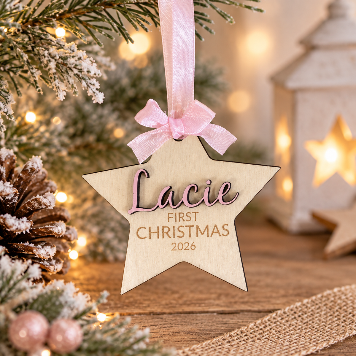 Wooden first Christmas Decoration - Pink