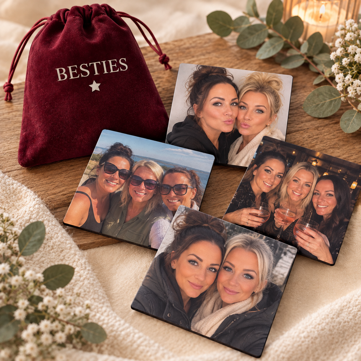 Personalised Photo Fridge Magnets – Set of 4 with Velvet Gift Pouch