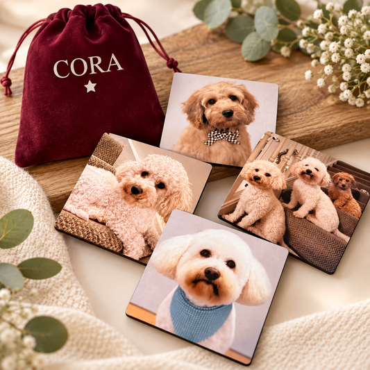 Personalised Photo Fridge Magnets – Set of 4 with Velvet Gift Pouch