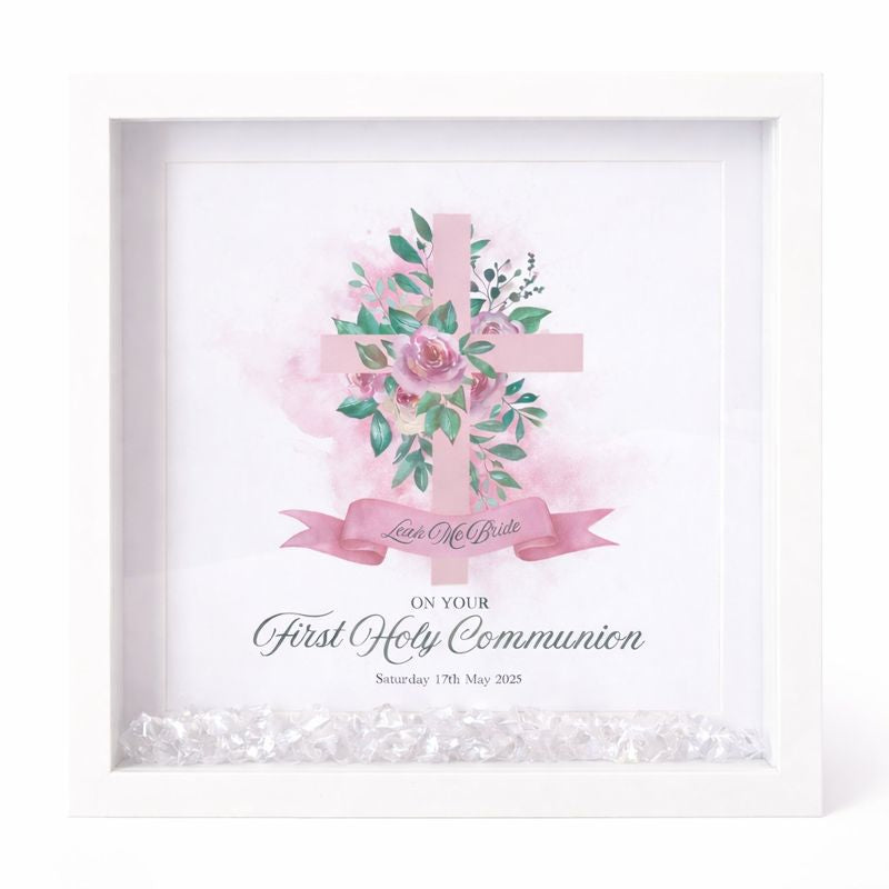 Framed artwork with floral cross design and personalized text on a white background
