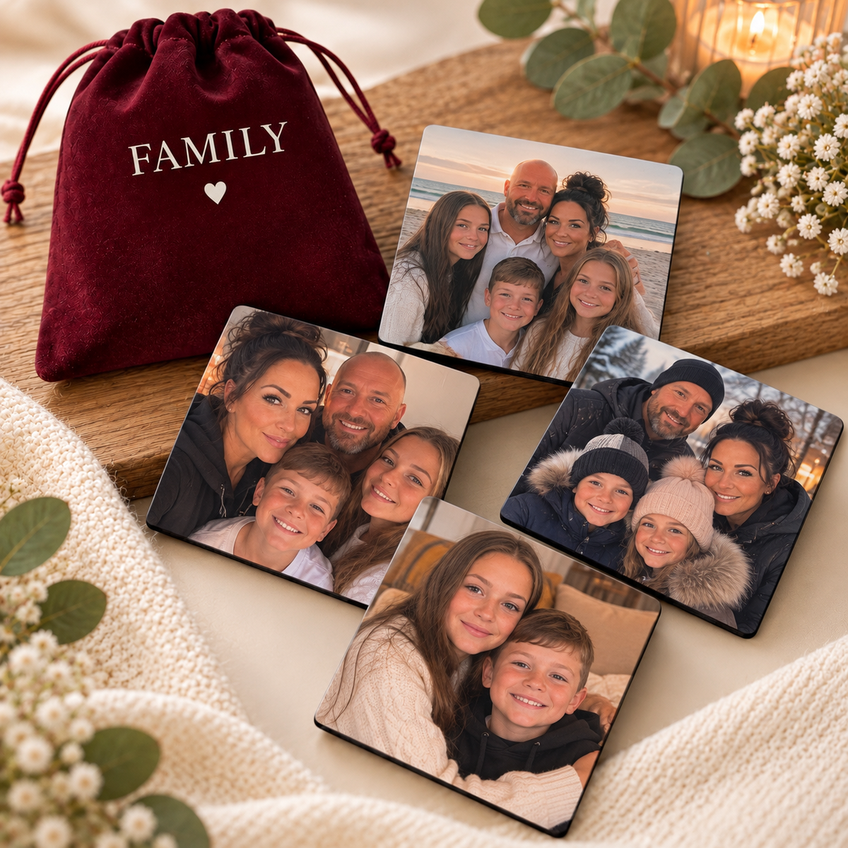 Personalised Photo Fridge Magnets – Set of 4 with Velvet Gift Pouch