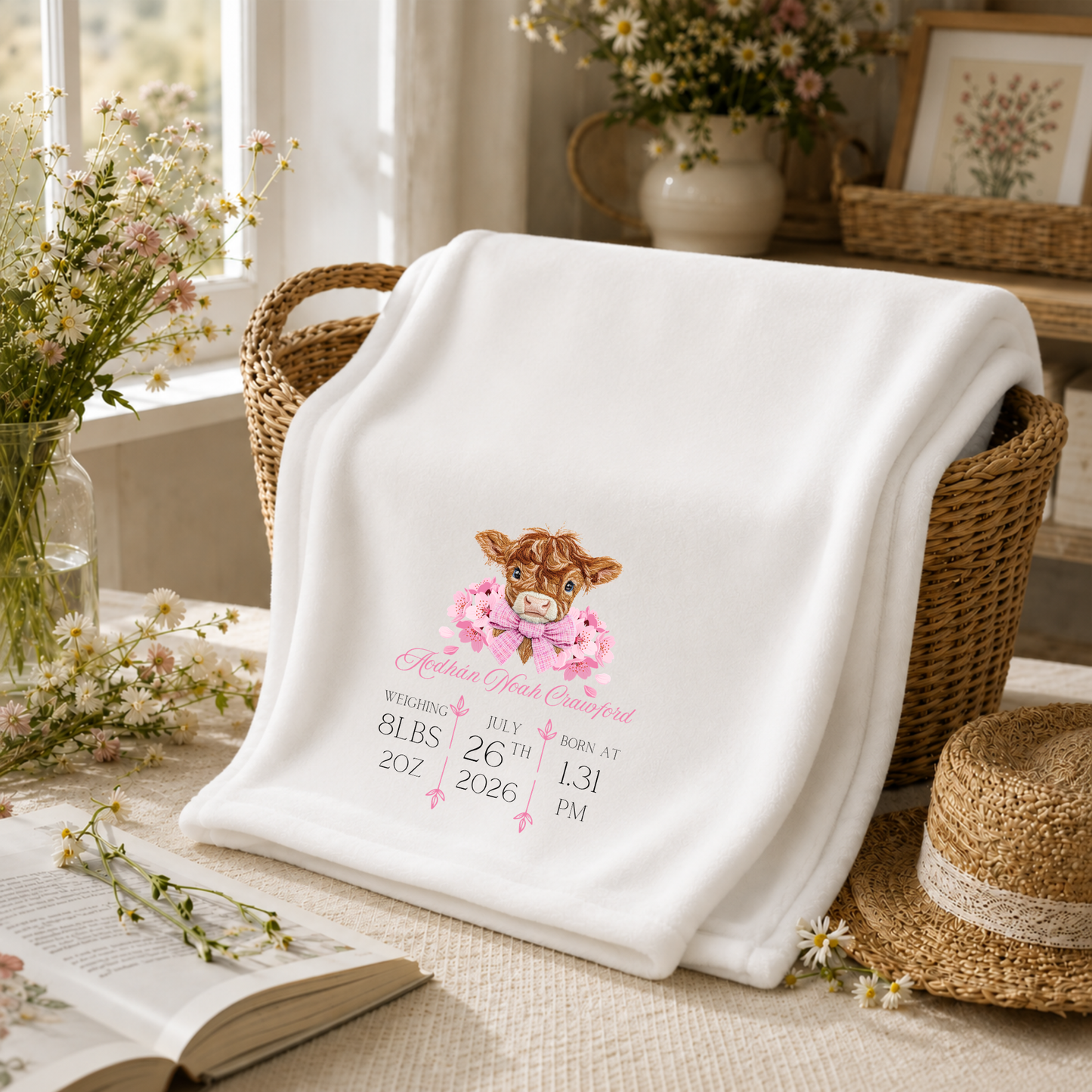 Personalised Highland Cow Baby Birth Blanket - Pink