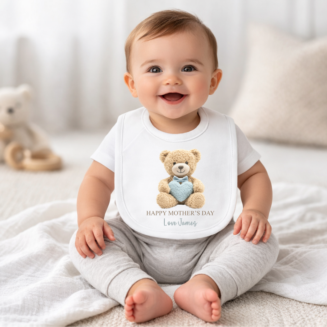 Teddy Heart Mothers Day - Blue Bib
