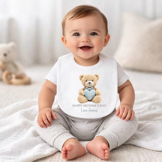 Teddy Heart Mothers Day - Blue Bib