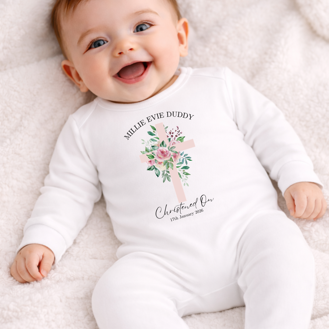 Christening Romper - Pink Flower Cross