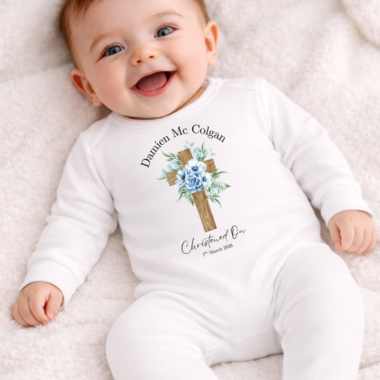 Christening Romper - Blue Flower Cross